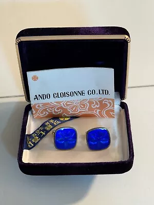 Vintage Ando Sterling Silver Japanese Cloisonne Enamel Cufflinks Blue Flower • $45