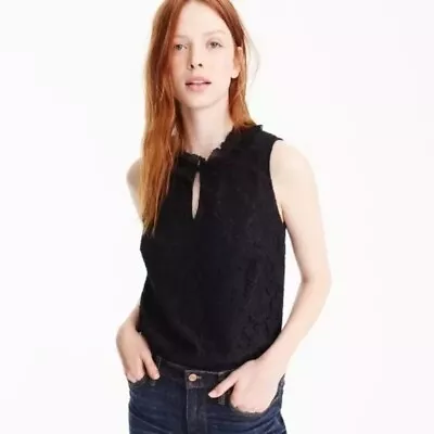 J. Crew Black Ruffle Key Hole Neck Neck Lace Sleeveless Blouse H2203 Size Small  • $28