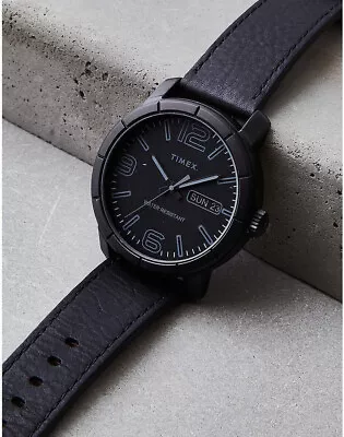 Timex Men's TW2R64300 Mod 44 Black Leather Strap Watch Day-Date 30M WR • $44.99