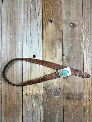 Vintage Antique Belt Buckle With Turquoise Stone Carved Leather Western • $1.26