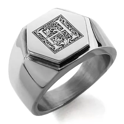 Stainless Steel Floral Box Monogram Letter H Mens Hexagon Crest Signet Ring • $15