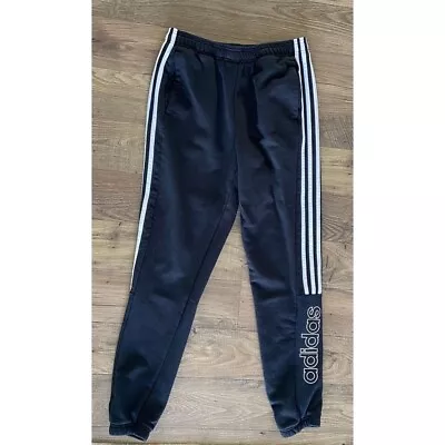 Adidas Jogger Sweatpants Black Athletic Gym Pants Spellout Logo 3 Stripe Men's M • $24.99