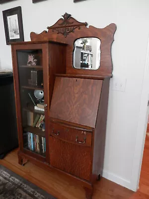 Antique Oak Side By Side Secretary Bookcase Curio Combination Cabinet • $512
