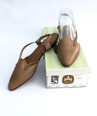 £39 • Buy Vintage Deadstock 60s Tan Leather Flat Slingbacks Shoes (modern UK6)
