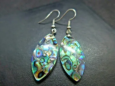 Abalone Shell Marquise Oval Silver Hook Drop Dangle Earrings Mother Of Pearl FAB • £8.95