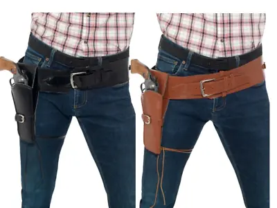 Adult Faux Leather Single Holster With Belt Mens Cowboy Fancy Dress • £11.99