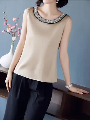 M-4XL Stylish Sleeveless Satin Blouse Office Lady Shirt Tops Wear For Women NEW • $30.35