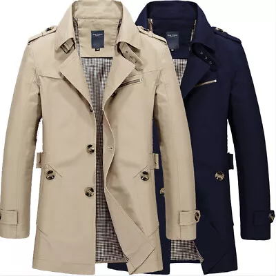 Mens Long Jacket Coat Tops Overcoat Trench Spring Autumn Warm Formal Outwear UK • £19.39