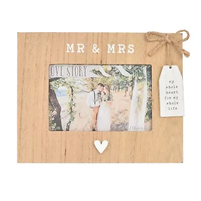 Mr And Mrs Wooden 6x4 Photo Frame With Heart And Hanging Plaque Wedding Gift • £9.99