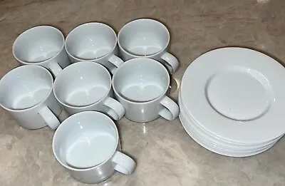 Set Of 7 Crate & Barrel White Maison Mugs & Saucers Japan Coffee Tea Cups 8 Oz • $31.50