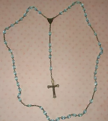 Vintage ROSARY Blue Facet Glass Bead Brass Holy Catholic Crucifix Cross • $22