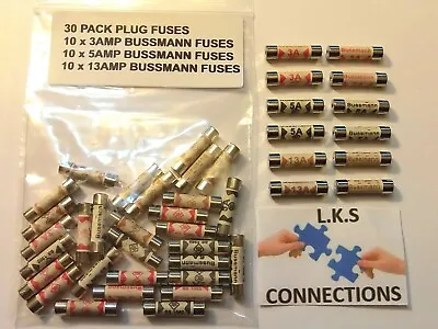 30 Pack Bussmann Domestic Plug Fuses 3a 5a 13a 240v 10 Of Each Fuses Bs1362 L60 • £3.50