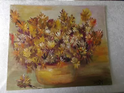 Original Vintage Oil On Canvas Planter W Flowers Painting By Artist Sandy Gordon • $50.80