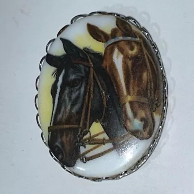 Horse Heads Vintage Hand Painted Porcelain Brooch Pin • $29.99