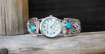 Men's Native American Navajo Sterling Silver Eagle Coral Turquoise Watch • $215.20