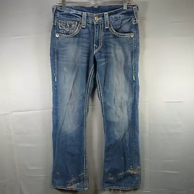 True Religion 32x30 Billy Big QT Jean Mens Blue Denim Distressed Faded Pants USA • $26.35