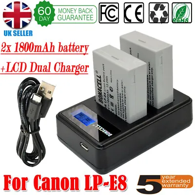 2x LP-E8 Battery+LCD Dual Charger For Canon EOS 700D 550D 650D 600D DSLR Camera • £18.49