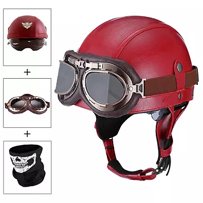 Vintage Leather Motorcycle Retro Half Helmet Scooter Bike Cruiser With Goggles • $49.99