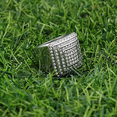 Mens Large Iced CZ Square Pinky Ring Band 14k Gold Plated Hip Hop Fashion Gift • $14.99