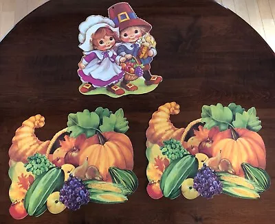 EUREKA Vintage 1980s Thanksgiving Die Cut Lot Of 3--Cornucopia & Pilgrims 10x13  • $5