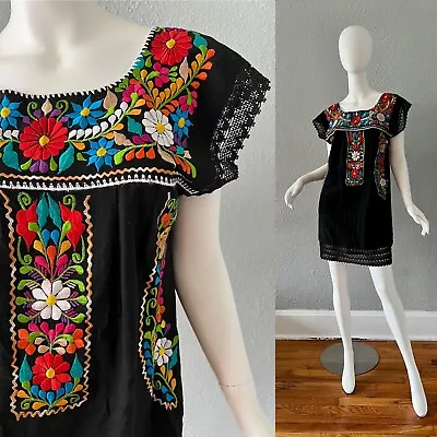 Vintage Beautiful Embroidered Black Mexican Oaxacan Crochet Lace Mini Dress S/M • $74