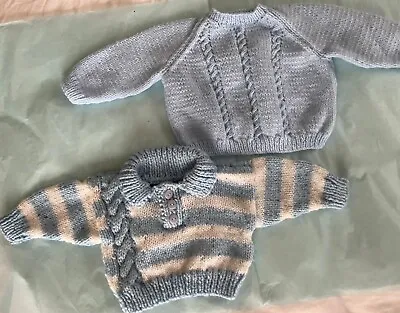 NEW Two Hand Knitted Blue  Chunky Cable Knit Boys Jumpers 3-6 Months • £9