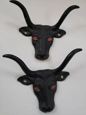 Vintage Cast Iron Bull Longhorn Steer Wall Hook Coat Hanger Painted Set Of 2 • $20