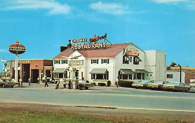 Postcard PA Breezewood American Oil Gas Station Pumps Snyder's Restaurant Cars • $5.99