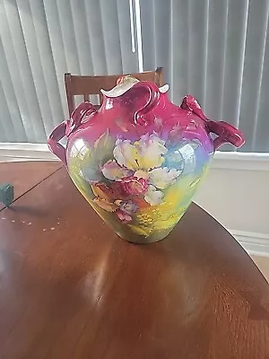 LARGE German Royal Bonn Hand Painted Porcelain Iris  Tendril  Vase - 11  Tall  • $145