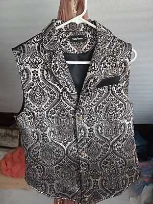 VATPAVE Mens Victorian Suit Vest Steampunk Gothic Waistcoat S Black& Silver NWOT • $49