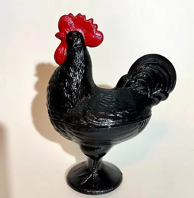 LE Smith Black Amethyst Pressed Glass Rooster Candy Dish Painted Red Comb Waddle • $65