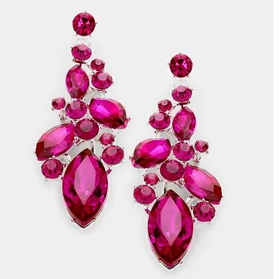 Long Pink Fuchsia Earrings 2.75” Dangle Pageant Rhinestone Crystal Silver Hot • $15.50