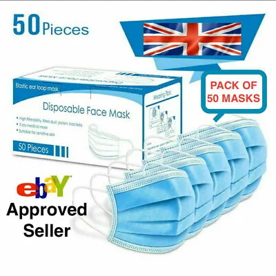 50x 3 PLY DISPOSABLE FACE MASK - NON SURGICAL BREATHABLE MOUTH GUARD COVER UK • £2.90