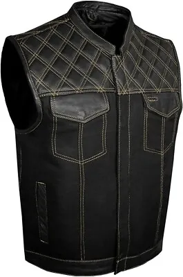 SOA Men's Motorcycle Club Denim & Leather Vest W/ 2 Concealed Carry Pocket • $49.90