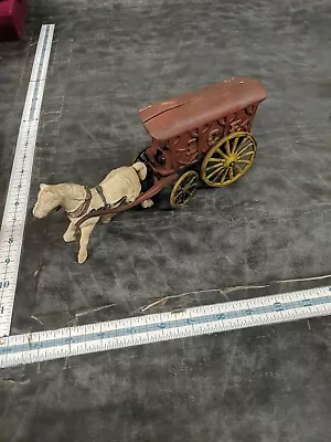 Vintage Cast Iron White Horse Drawn Red Ice Cart Buggy Toy Wagon Barn Find • $19.99