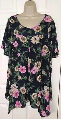 Womens🦋YOURS🦋navy Mix Flowers Floaty Loose Fit Longline Top Tunic Size 22/24 • £10.99