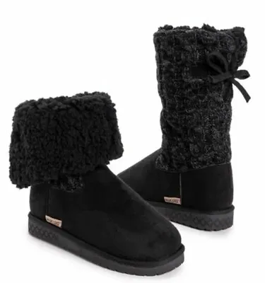 MUK LUKS Womens Black Cable Knit Fold Over Cuffed Faux Shearing Boots Comfy NEW • $20