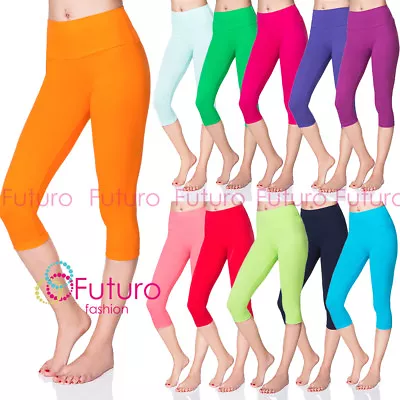 Womens 3/4 Leggings Casual Sport Wear High Waist Cotton Cropped Pants LWP34 • £7.99