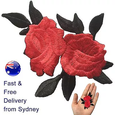 Two Roses With Leaves Iron On Patch - Red Rose Flower Blossom Iron-on Patches • $5.95