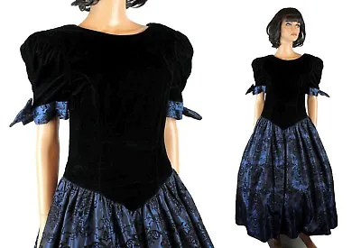 80s Prom Dress Sz S Vintage Black Velvet Blue Flocked Taffeta Long Gown Costume • $130