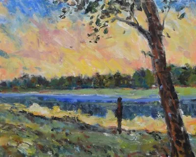 Art Oil Painting RM Mortensen Landscape  Sunset On The River  Sky Tree • $29.99
