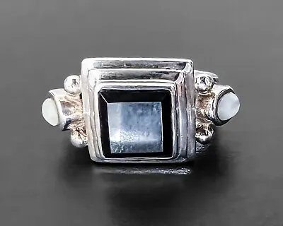 Vtg SE 925 Sterling Silver Square Bevel Design Wide Onyx MOP Modernist Ring S7 • $39