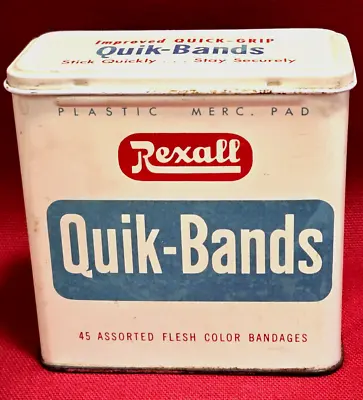 Vintage Rexall Quik Bands Bandaids Metal Tin Box Medical Advertising Made In USA • $15