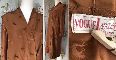 VTG 50s VOGUE SPECIAL DESIGN DRESS ALL SILK JACQUARD HORSES PATTERN BROWN EUC • $48