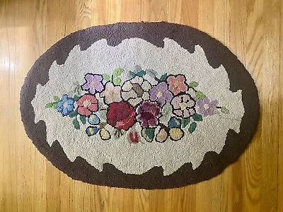 Vintage Oval Hooked Rug Multicolor Small Floral Brown Border Handmade 24”x36” • $39.99