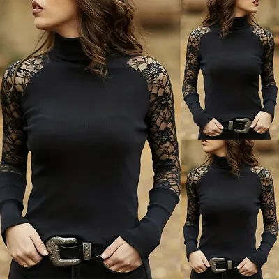 Women Lace Long Sleeve Tops Slim Fit High Neck Ladies Casual T Shirt Pullover • £10.69