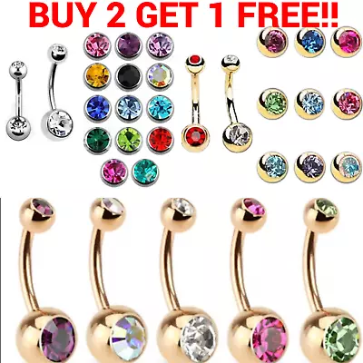 £2.49 • Buy Belly Bar Double Crystal Gem Surgical Steel Navel Belly Button Bars