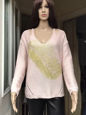 BNWT Ladies MISS CAPTAIN Pink Gold Leaf Jumper Cut Out Shoulders UK 12 RRP 60 • £19.50