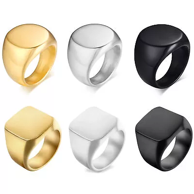 Men Solid Polished Biker Square Round Signet Ring Stainless Steel Band Size 6-15 • $10.99