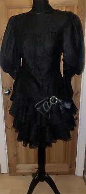 Black Lace Dress Gothic Size ?10 1980 Vintage Puff Sleeve RaRa Party Crystal Bow • £45.99